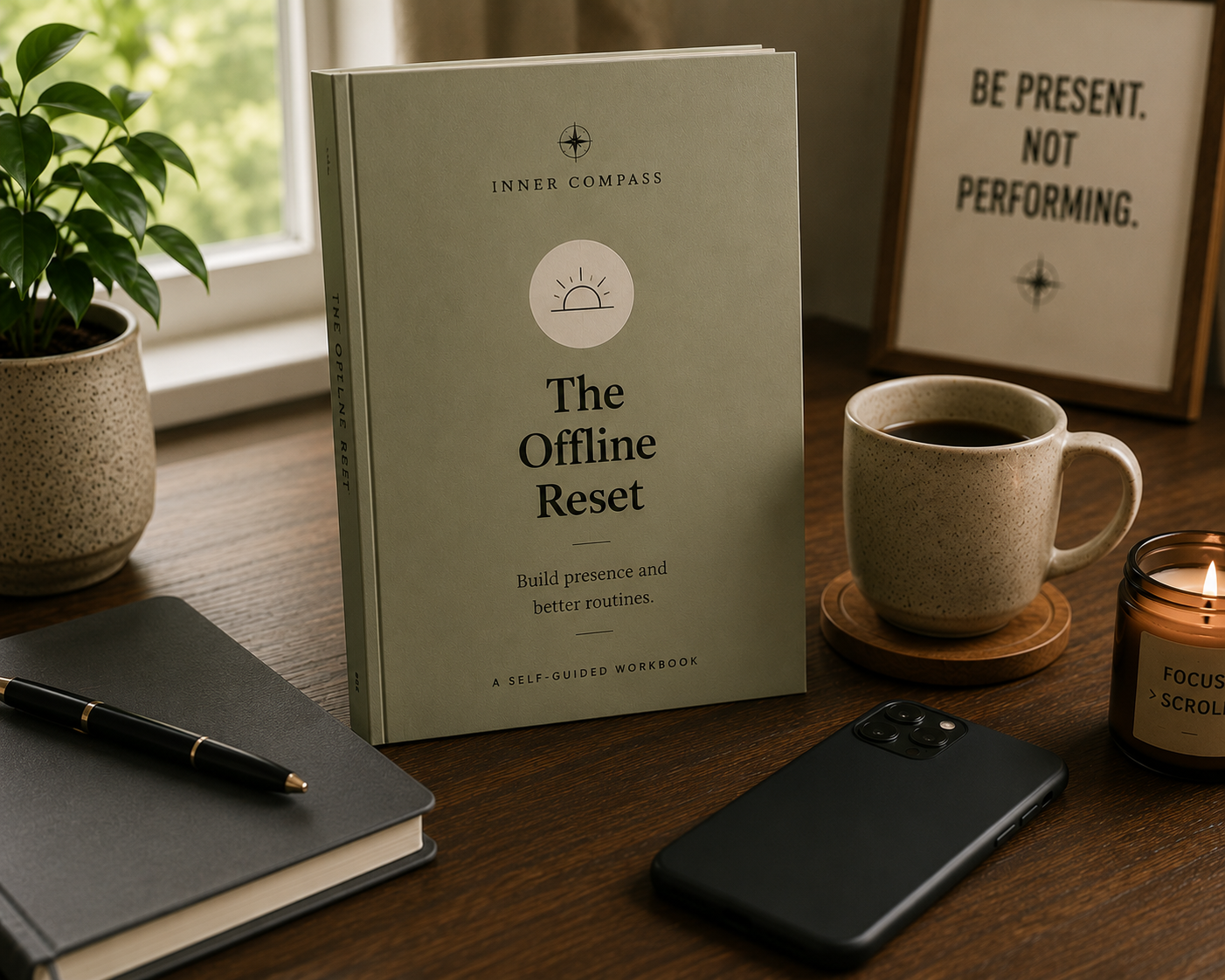 The Offline Reset sage-green workbook on a wooden desk with a mug and 'Be present. Not performing.' print