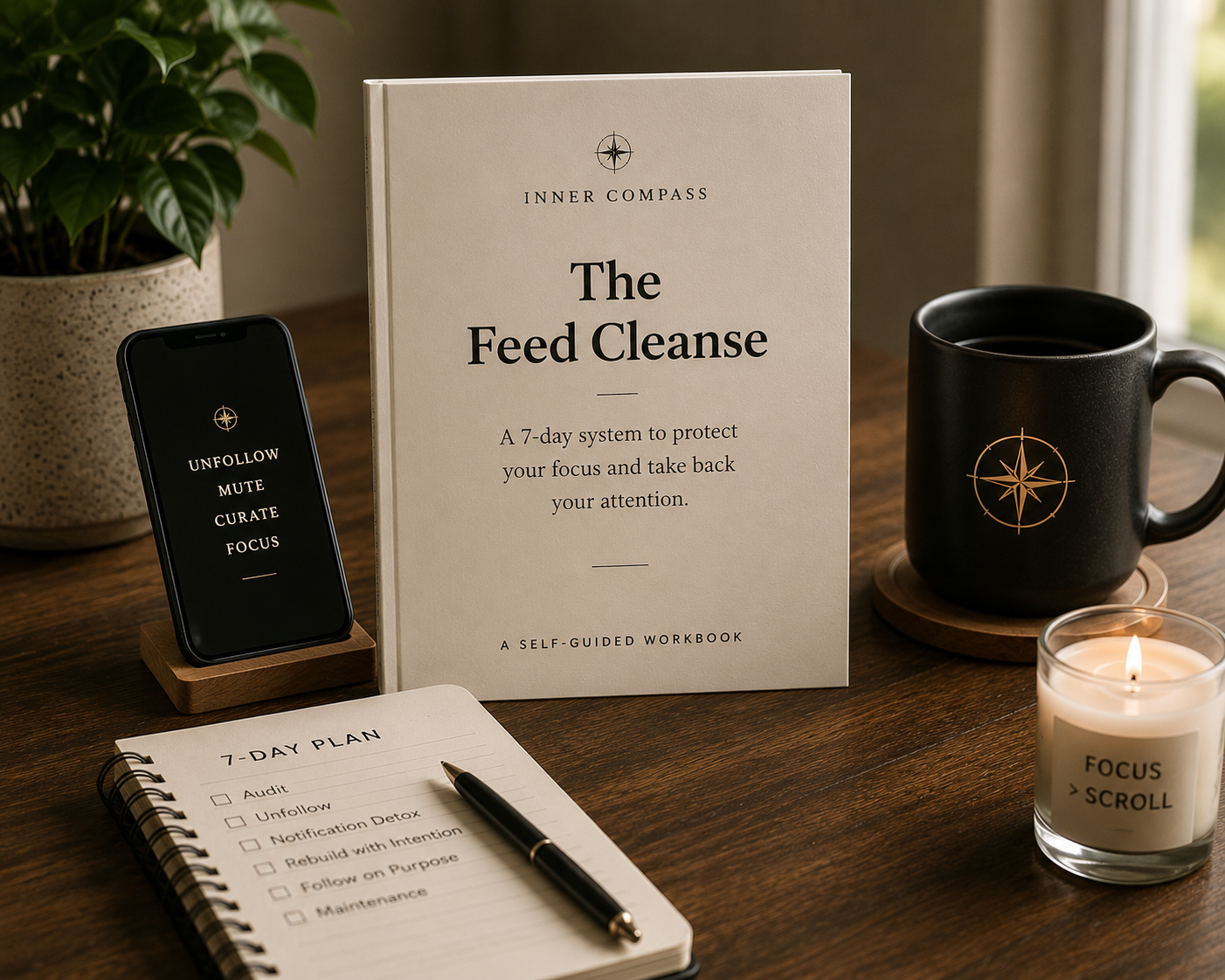 The Feed Cleanse workbook standing on a wooden desk beside a phone and 7-day plan checklist