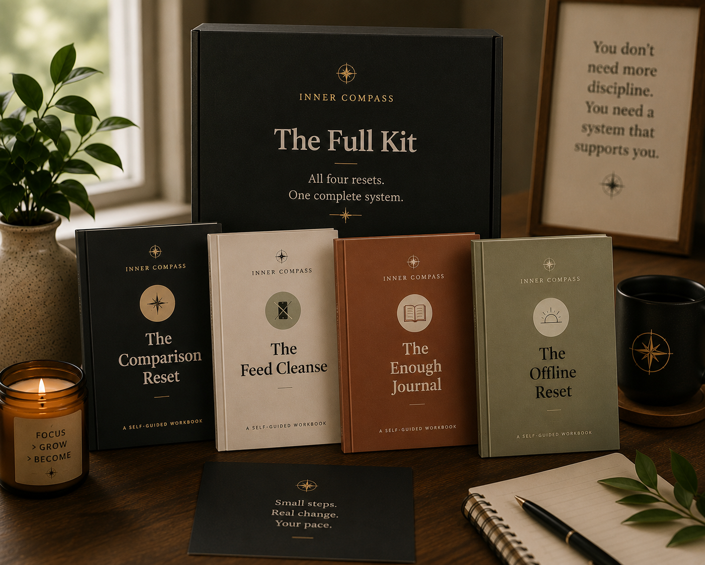 The Full Kit — all four Inner Compass workbooks with the black gift box on a wooden desk