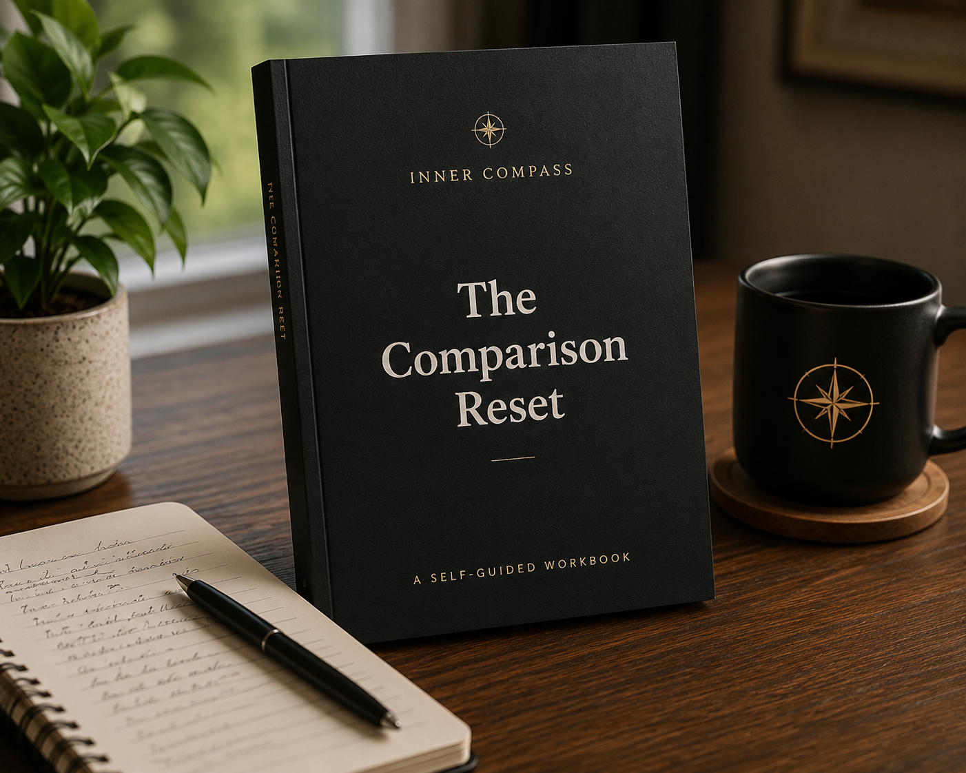 The Comparison Reset black workbook with gold compass mark on a wooden desk beside a notebook and mug