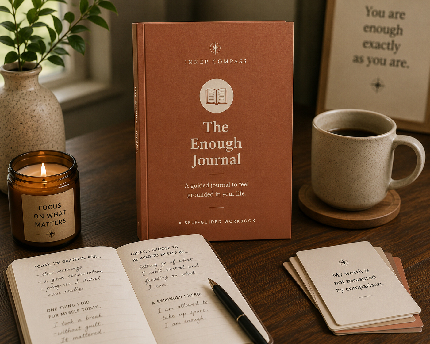 The Enough Journal terracotta workbook with an open journal spread and affirmation cards